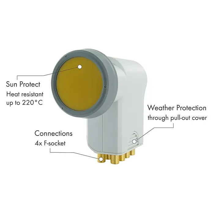 Schwaiger Verteiler Octo LNB - 40 mm, Hellgrau - Satellitenempfangskopf mit Sonnenschutz bis 220°C, 4 F-Anschlüssen und Wetterschutz durch ausziehbare Abdeckung.