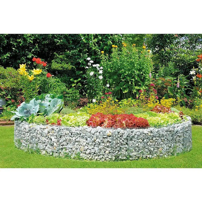 Bellissa Hochbeet - 220 x 40 cm, Metall - Das Bild zeigt ein rundes Hochbeet, das mit Steinen in einem Drahtgitter eingefasst ist und mit verschiedenen Gemüsesorten bepflanzt wurde.