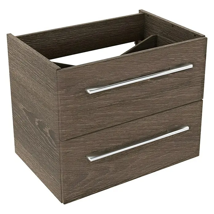 Camargue Stella Waschtischunterschrank - 59,2 x 40,8 x 49 cm, Ohne Beleuchtung, Eiche Maron - Ein moderner Badezimmerschrank mit zwei Schubladen und silbernen Griffen. Das Holz hat eine ansprechende Maserung und passt gut ins Badezimmer.