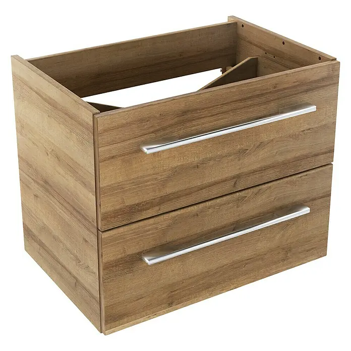 Camargue Stella Waschtischunterschrank59,2 x 40,8 x 49 cm, Ohne Beleuchtung, Berg Eiche - Ein moderner Badezimmerunterschrank mit zwei Schubladen und silbernen Griffen, in Holzoptik. Perfekt für jedes Badezimmer.