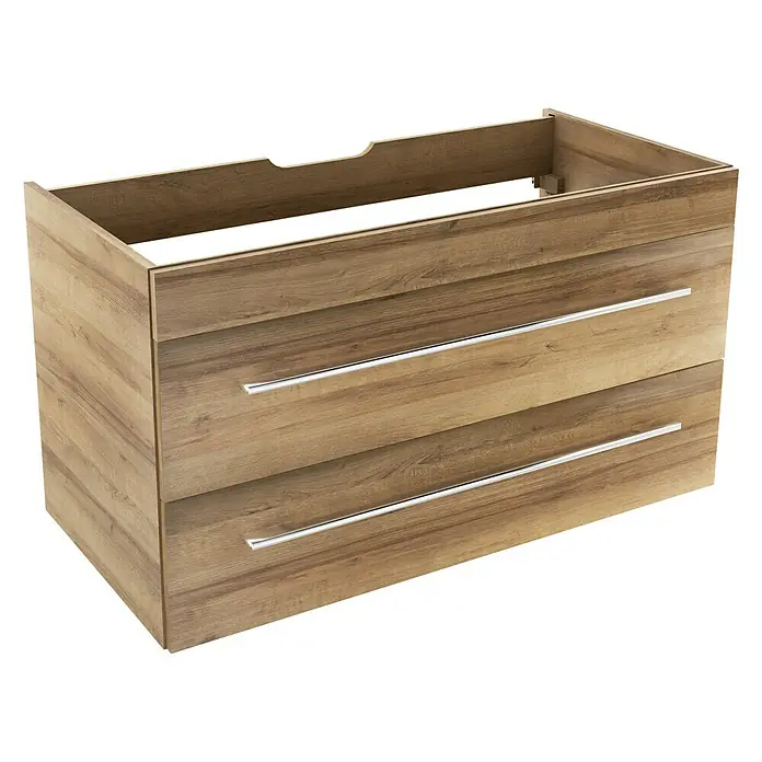 Camargue Stella Waschtischunterschrank99,4 x 48,8 x 55 cm, Ohne Beleuchtung, Berg Eiche - Holzfarbener Badezimmerschrank mit zwei Schubladen und langen, schmalen, silberfarbenen Griffen auf schwarzem Hintergrund für Badezimmerstile.