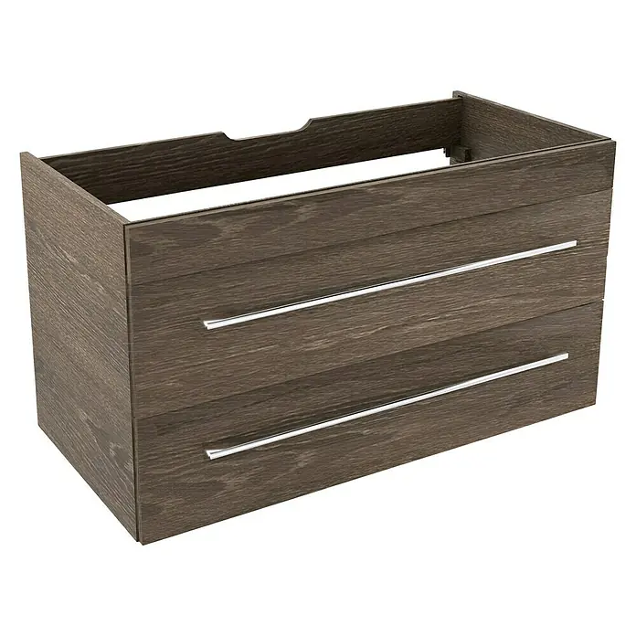 Camargue Stella Waschtischunterschrank - 99,4 x 48,8 x 55 cm, Ohne Beleuchtung, Eiche Maron - Das Bild zeigt einen modernen Badezimmerschrank in Holzoptik mit zwei Schubladen und eleganten Griffen, ideal für stilvolle Badezimmerdesigns.