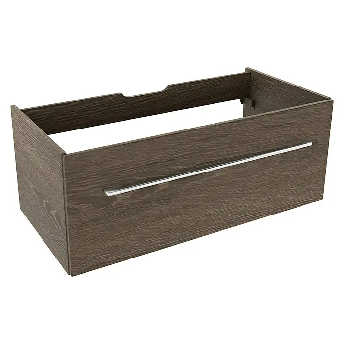 Camargue Stella Waschtischunterschrank - 99,4 x 48,8 x 39 cm, Ohne Beleuchtung, Eiche Maron - Abgebildeter Waschtischunterschrank in Holzoptik mit einem silbernen Griff. Der Unterschrank bietet Stauraum im Badezimmer.