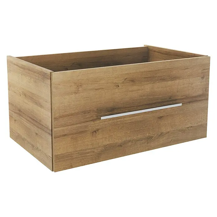 Camargue Stella Waschtischunterschrank79,4 x 48,9 x 39 cm, Mit Beleuchtung, Berg Eiche - Das Bild zeigt einen modernen Waschtischunterschrank aus Holz mit einem schlichten, silbernen Griff. Ideal für stilvolle Badezimmer.