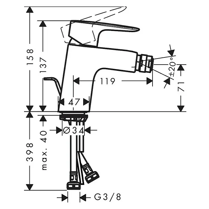 Hansgrohe MySport Grifo monomando de bidé - Cromo, Brillante - Dibujo técnico de un grifo mezclador de lavabo, que muestra las dimensiones de altura, alcance y conexiones.
