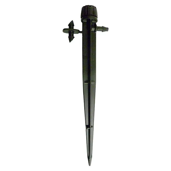 Gotero lineal regulable con estaca - Diámetro: 4 mm, 5 ud. - Primer plano de una boquilla de riego por goteo negra con control de flujo ajustable y estaca para uso en jardines.