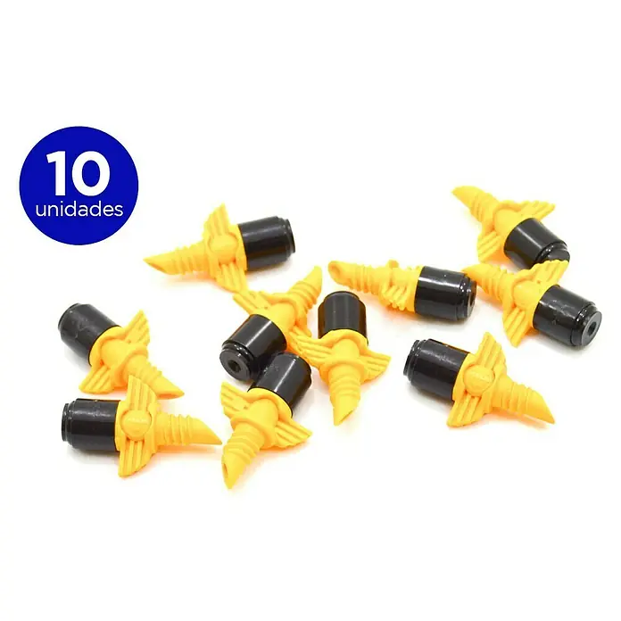 Tobera pulverizadora - Diámetro: 4 mm, 10 ud., Plástico - La imagen muestra diez difusores de riego en forma de gota amarillos con un conector negro, ideales para una irrigación de jardín precisa.