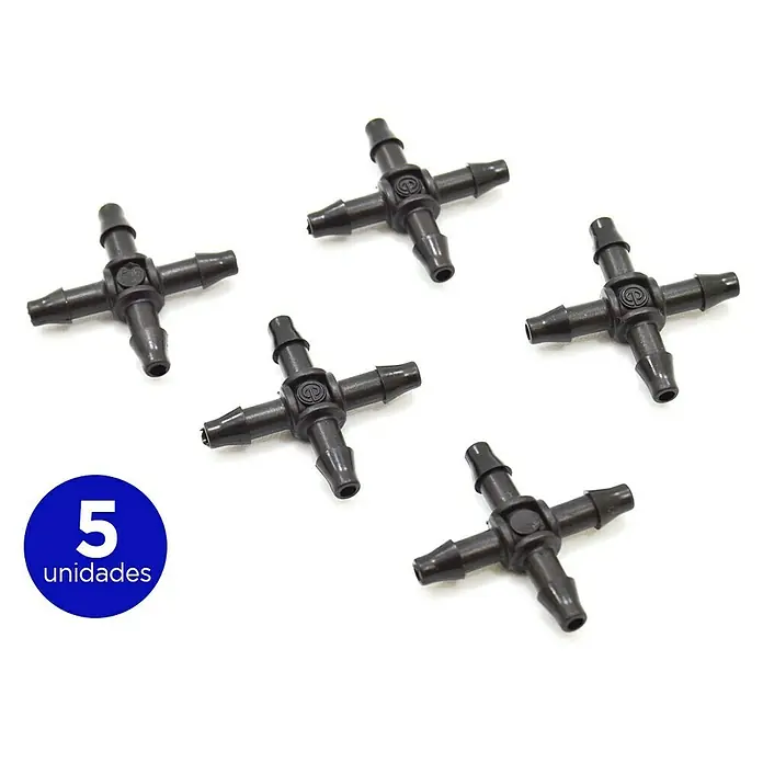 Cruceta microgoteo - 5 pzs., 4 mm - Cinco conectores de manguera en forma de cruz negros, ideales para sistemas de riego y acuarios. Construcción de plástico duradera para conexiones fiables.