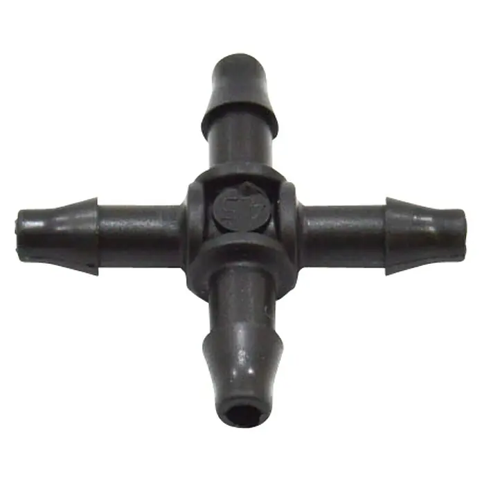 Cruceta microgoteo - 5 pzs., 4 mm - Conector de plástico negro de cuatro vías para conexiones de mangueras en jardinería.