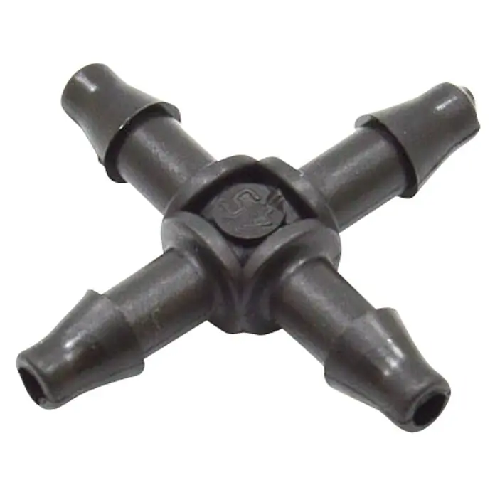 Cruceta microgoteo - 5 pzs., 4 mm - Primer plano de un conector de manguera de plástico negro de 4 vías, ideal para sistemas de riego y tecnologías de fluidos.