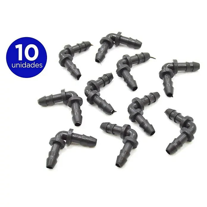 Codo microgoteo - Diámetro: 4 mm, Plástico, 10 ud. - Imagen de diez conectores de manguera de plástico negro en ángulo recto, dispuestos sobre una superficie blanca.