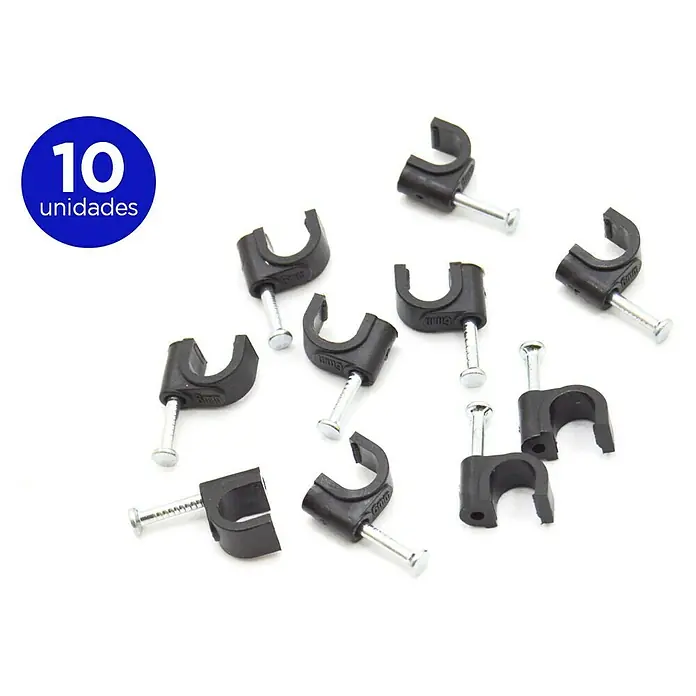 Abrazadera para tubo micro riego - Diámetro: 4 mm, 10 ud. - Imagen de 10 clips de cable negros con clavos, dispuestos sobre una superficie blanca.