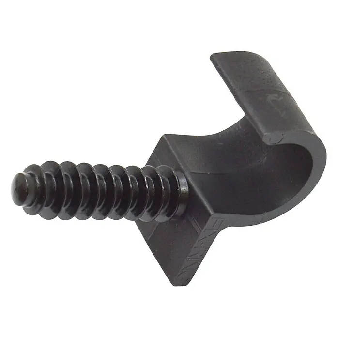 Abrazadera para tubo micro riego - Diámetro: 16 mm, 10 ud. - Primer plano de un clip de cable negro con tornillo. Ideal para asegurar cables y alambres en el hogar o taller.