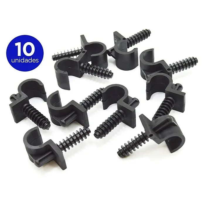 Abrazadera para tubo micro riego - Diámetro: 16 mm, 10 ud. - Primer plano de diez abrazaderas de cable negras de plástico con tornillos, utilizadas para asegurar cables o tuberías.