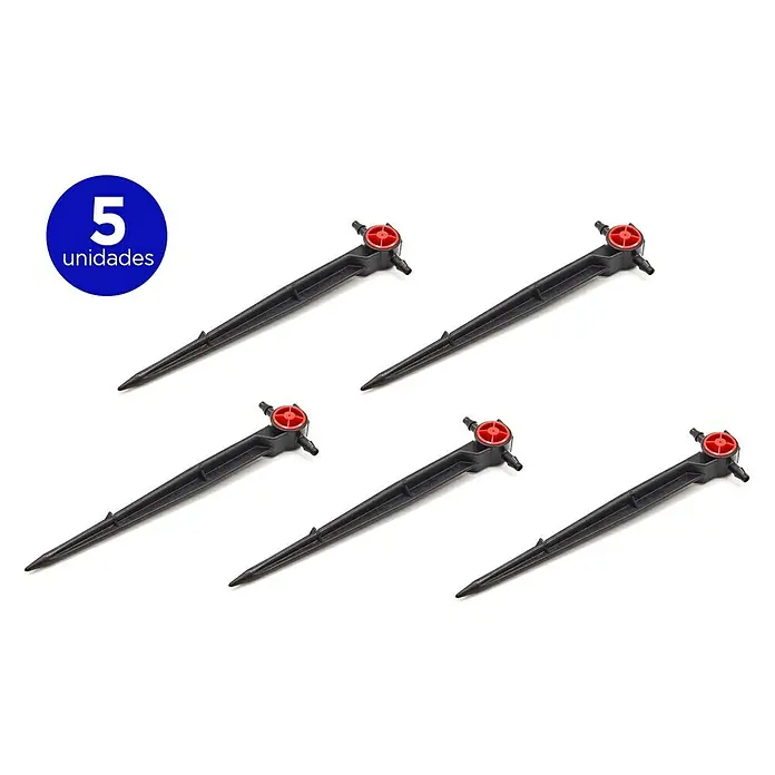 Gotero lineal autocompensado con estaca intermedio - 5 ud., 2 l/h - Cinco espigas de riego para el jardín. Las espigas negras tienen un regulador rojo para ajustar la cantidad de agua y están diseñadas para el riego de plantas.