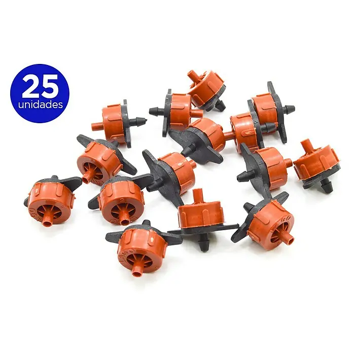 Gotero lineal autocompensado marrón - Diámetro: 4 mm, 25 ud. - Primer plano de 25 goteros de riego, diseñados para un riego de plantas específico y eficiente.