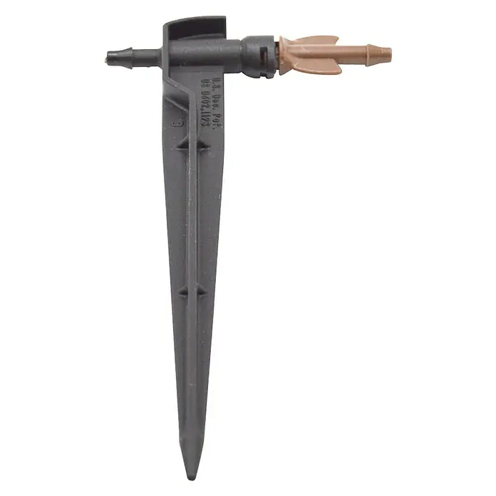 Gotero lineal con estaca - 6 l/h, 5 ud. - Primer plano de una estaca de riego para jardinería, ideal para un riego por goteo preciso y una fácil instalación en parterres.