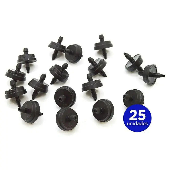 Gotero lineal autocompensado - 4 l/h, 25 ud. - Imagen de 25 goteros de riego utilizados para el suministro preciso y eficiente de agua en jardines y explotaciones agrícolas.