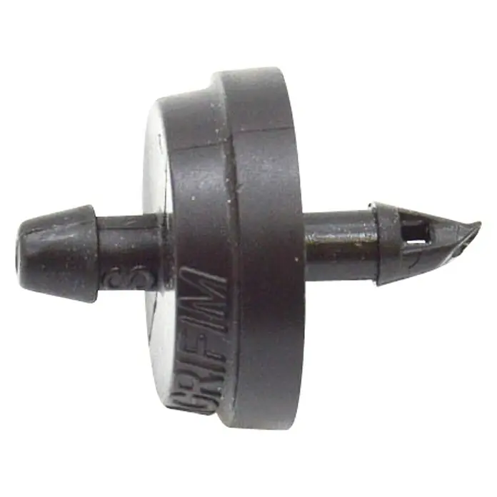 Gotero lineal autocompensado - 4 l/h, 25 ud. - Primer plano de un gotero negro Netafim para riego, ideal para jardinería y aplicaciones agrícolas.