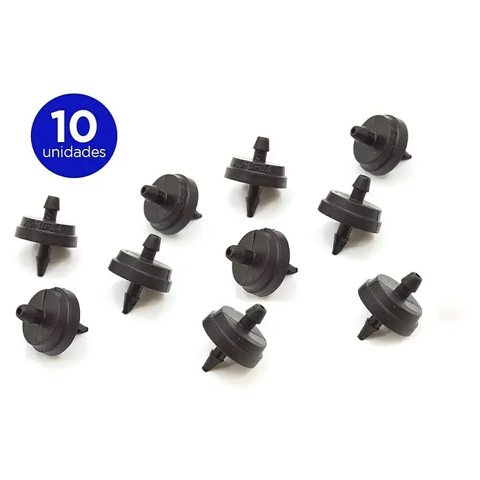 Gotero lineal autocompensado - 4 l/h, 10 ud. - La imagen muestra 10 goteros de riego negros, diseñados para un riego preciso y eficiente en horticultura.