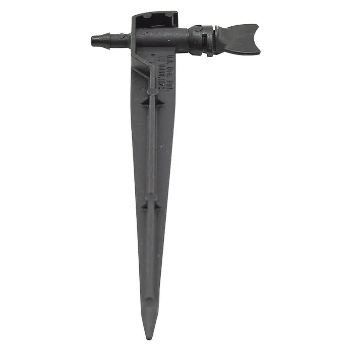 Gotero lineal Delta con estaca - 6 l/h, 20 ud. - Primer plano de una estaca de riego de plástico, utilizada para riego específico en el jardín.