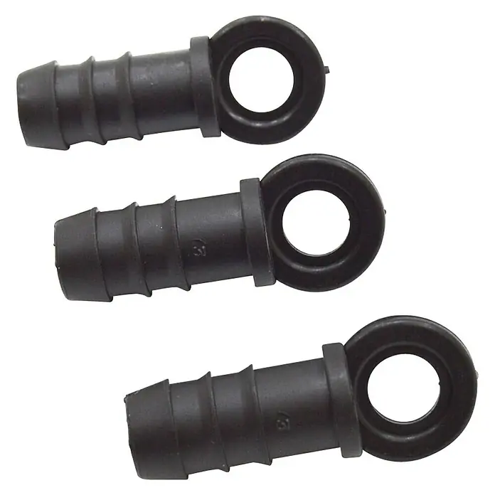 Tapón final Goteo - 12 mm, 3 ud. - Tres codos negros para riego por goteo que se utilizan para conectar tuberías de goteo en sistemas de riego.