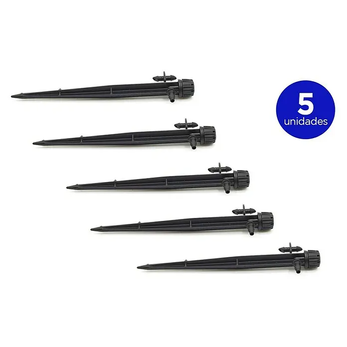 Gotero lineal regulable con estaca - Diámetro: 4 mm, 5 ud. - Un conjunto de cinco espigas de riego negras diseñadas para el riego preciso del jardín, ideal para la hidratación dirigida de plantas.