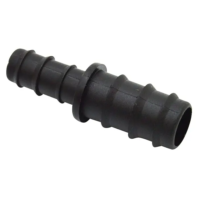 Manguito de unión reductor goteo 18 x 16 mm - 18 mm - 16 mm, 3 ud. - Racor de púas de plástico negro con anillo central, diseñado para conectar mangueras o tuberías de forma segura.