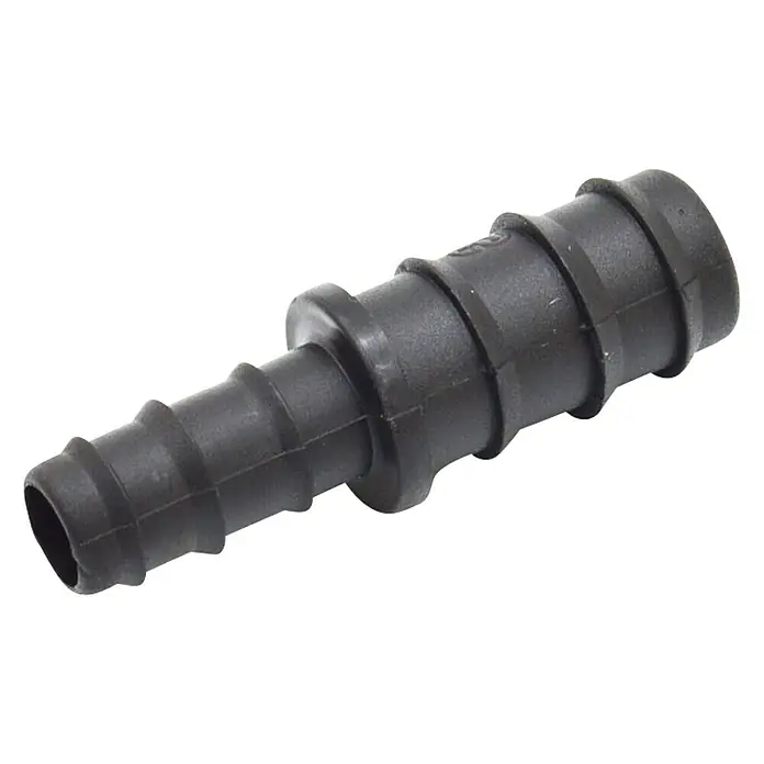 Manguito de unión reductor goteo 18 x 16 mm - 18 mm - 16 mm, 3 ud. - Conector de manguera de plástico negro, un accesorio útil para diversos sistemas de mangueras.