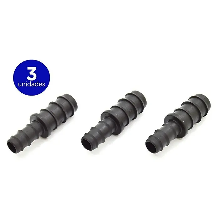 Manguito de unión reductor goteo 16 x 12 mm - 16 mm - 12 mm, 3 ud. - Primer plano de tres conectores de manguera de plástico negro que se pueden utilizar para sistemas de riego u otras aplicaciones de manguera.