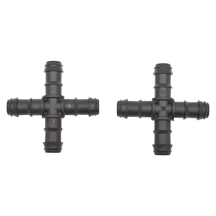 Cruceta goteo - Diámetro: 16 mm, 2 ud. - Dos conectores negros en forma de cruz para sistemas de riego diseñados para una distribución uniforme del agua.