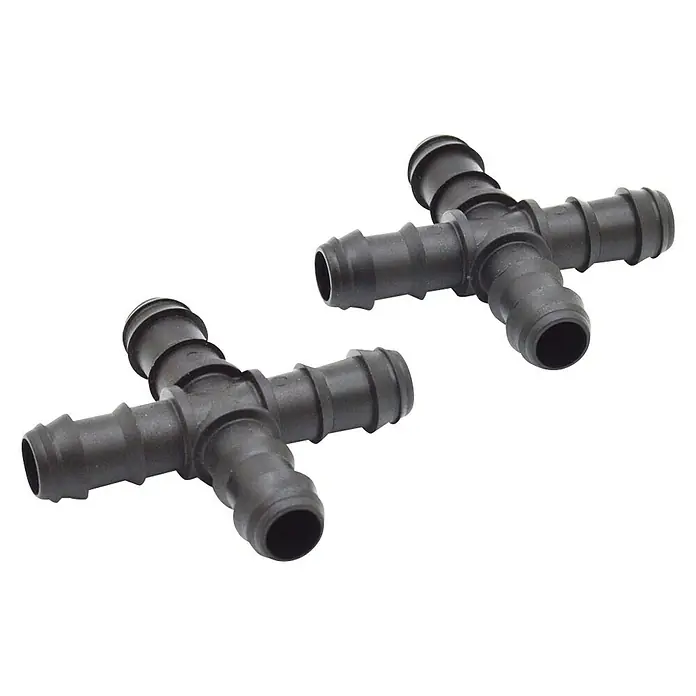 Cruceta goteo - Diámetro: 16 mm, 2 ud. - La imagen muestra dos conectores de manguera negros en forma de T sobre un fondo negro, ideales para fontanería e irrigación.