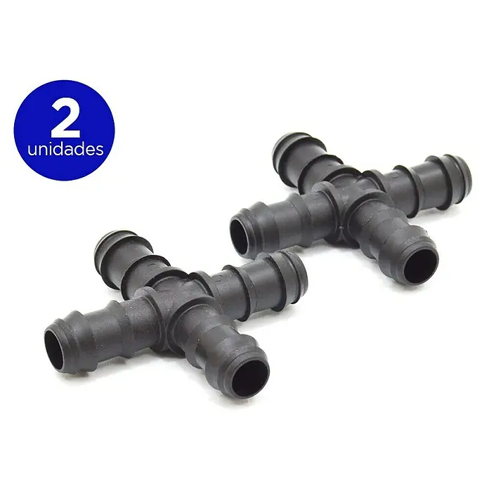 Cruceta goteo - Diámetro: 16 mm, 2 ud. - Dos conectores en T de plástico negro para conexiones de mangueras. Ideales para unir mangueras en diversas aplicaciones.