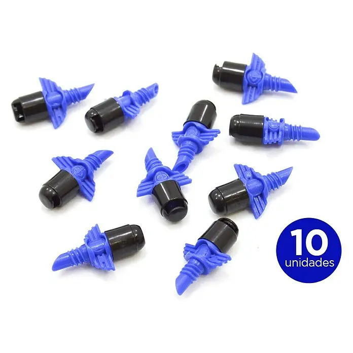 Tobera pulverizadora microdifusora 90º L/H 45 - 10 ud., Formas de riego: 90° - Primer plano de 10 boquillas de riego formadas por un cilindro negro y un pomo azul, ideal para el riego de jardines.