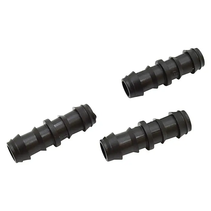Conector para tubo de goteo - 16 mm, 3 ud. - Este primer plano muestra tres conectores rectos negros con púas utilizados para sistemas de riego. Ideal para conectar mangueras.