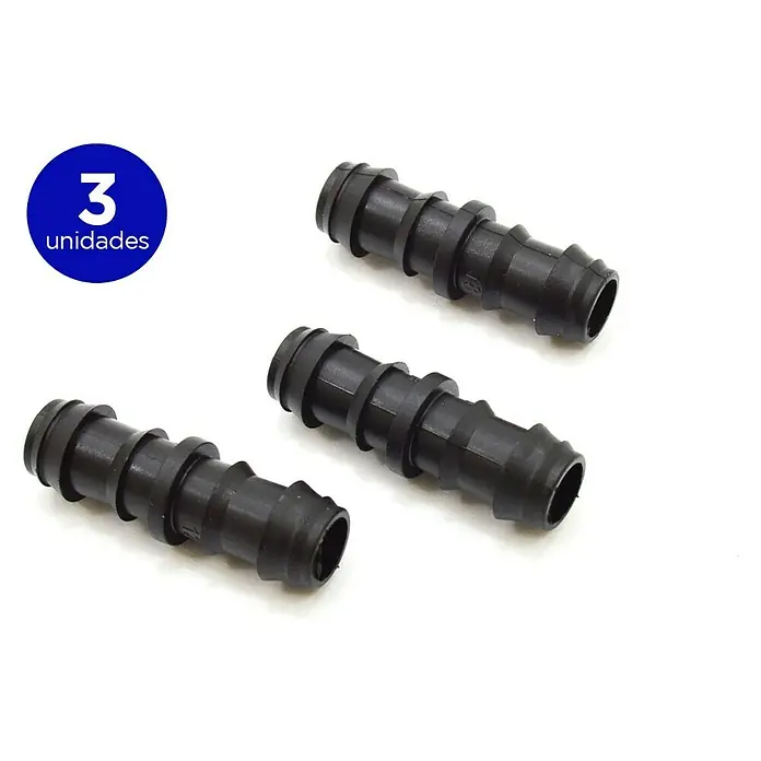 Conector para tubo de goteo - 16 mm, 3 ud. - Esta imagen muestra tres conectores de manguera negros, que se pueden utilizar para conectar mangueras de jardín o sistemas de riego.