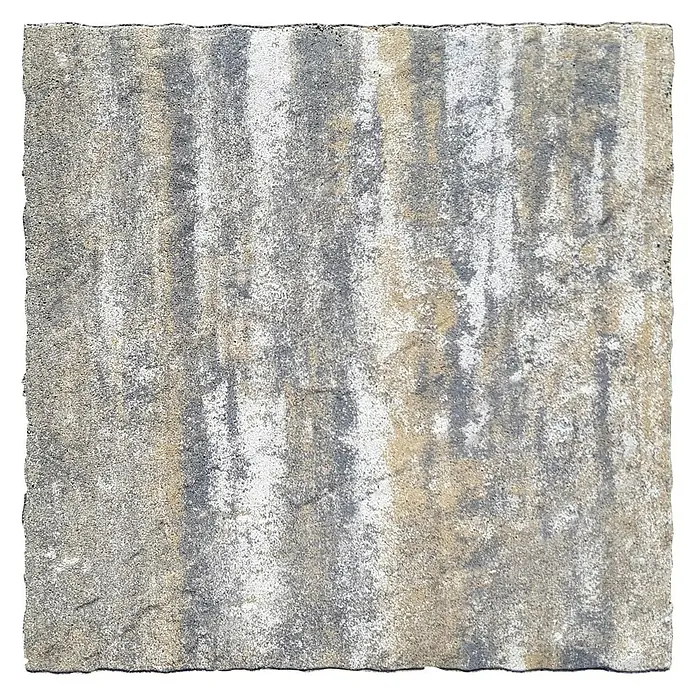 Terrassenplatte Ellenica - 48 x 48 x 3,2 cm, Muschelkalk, Beton - Ein einzelner Pflasterstein mit gestreiften Mustern in Grau-, Weiß- und Beigetönen, ideal für Gehwege und Terrassen.
