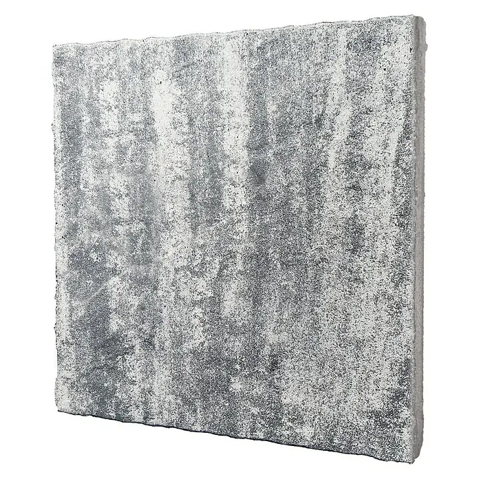 Terrassenplatte Ellenica - 48 x 48 x 3,2 cm, Grau/Schwarz, Beton - Nahaufnahme einer einzelnen strukturierten Betonpflasterplatte in Grau und Weiß vor einem schwarzen Hintergrund.
