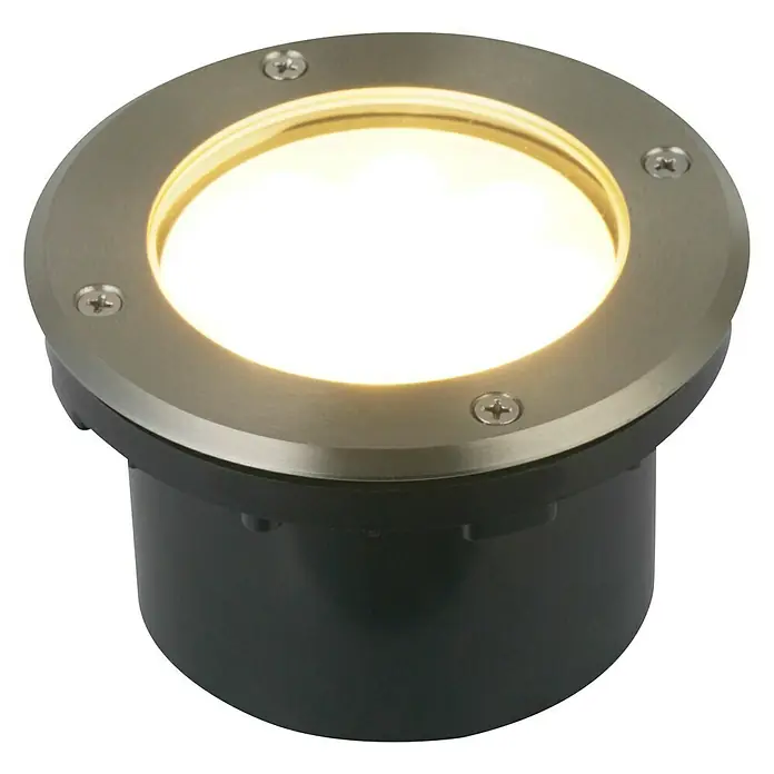 Starlux Bodeneinbauleuchte Arvika - 5 W, Warmweiß - Nahaufnahme einer runden, eingelassenen Bodenleuchte mit Edelstahleinfassung und warmweißem Licht, ideal für Außenbereiche.