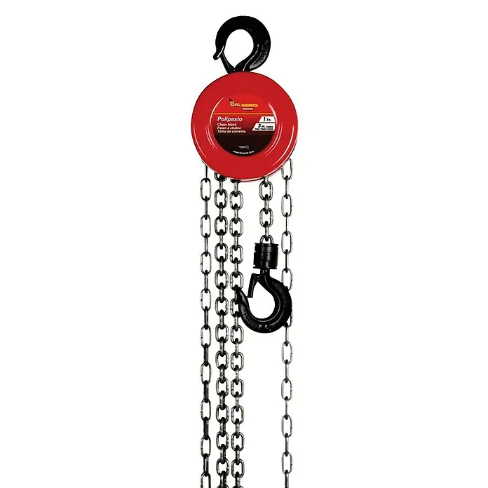 Polipasto 104200 - 3 m - Polipasto de cadena con gancho negro y carcasa roja. Ideal para cargas pesadas y trabajos de elevación en taller y garaje.
