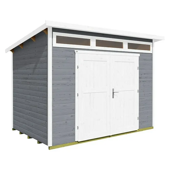Weka Gartenhaus 264 Gr. 3 - Außenmaß inkl. Dachüberstand (B x T): 330 x 249 cm, Holz, Grau - Graues Gartenhaus mit Doppeltür und Fenstern unter dem weißen Dach. Ideal zur Aufbewahrung von Gartengeräten und Werkzeugen.
