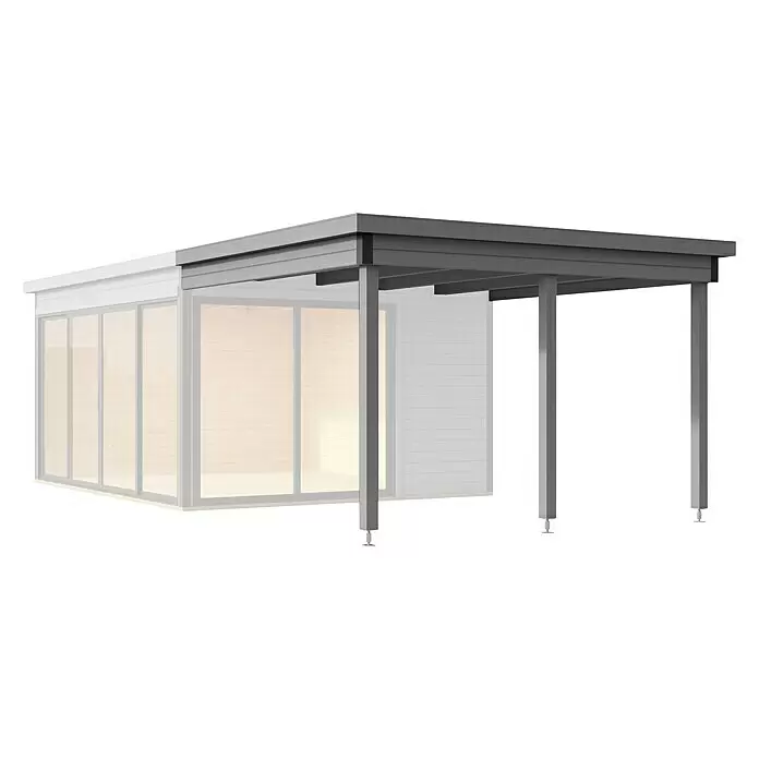 Weka Gartenhaus-Anbau - Passend für: Weka Gartenhaus 412 Gr. 2, Hellgrau - Moderner weißer Wintergarten mit großen Fenstern und einer dunkelgrauen Carport-Struktur mit Pfosten.