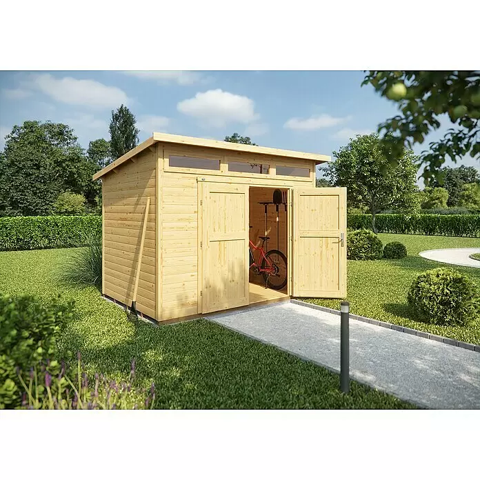 Weka Gartenhaus 264 Gr. 4 - Außenmaß inkl. Dachüberstand (B x T): 330 x 285 cm, Holz, Natur - Heller Holzgartenhaus mit offenen Türen, Fahrrad und Werkzeugen darin.