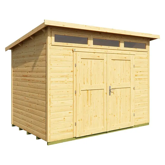 Weka Gartenhaus 264 Gr. 3 - Außenmaß inkl. Dachüberstand (B x T): 330 x 249 cm, Holz, Natur - Geräumiges Gartenhaus aus hellem Holz mit Doppeltür und Oberlichtern für viel Stauraum und natürliches Licht im Garten.