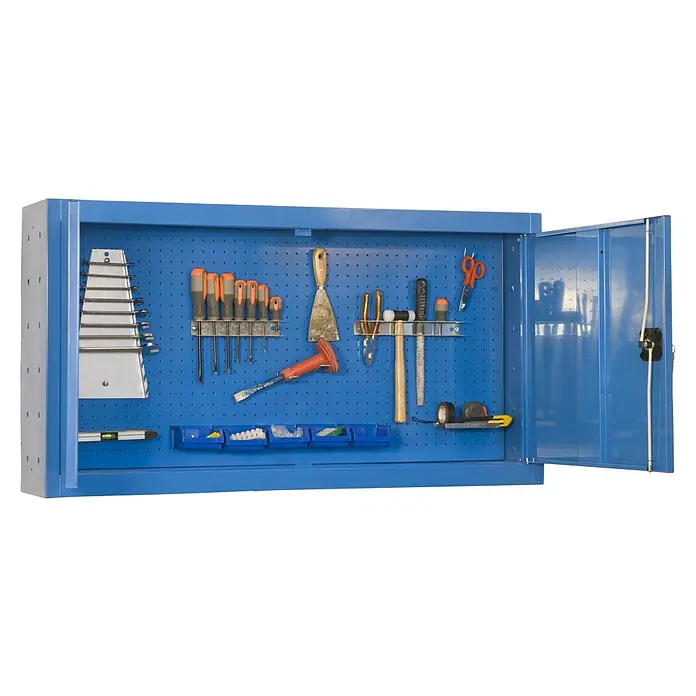 Simonrack Simonwork Armario para herramientas Cabinet Tools - An x Pr x Al: 90 x 27,5 x 65 cm, Azul, Desmontado - Armario de herramientas azul con herramientas como destornilladores, martillos y llaves inglesas, ideal para talleres y garajes.