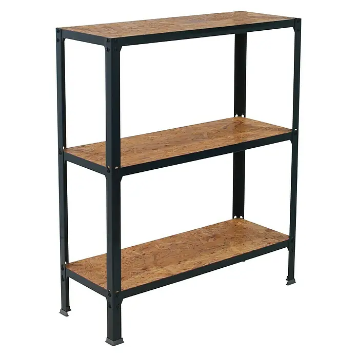 Simonrack Simonhome Metallregal Click Wood Mini - H x B x T: 90 x 80 x 30 cm, Traglast pro Boden: 150 kg, Anzahl Böden: 3 Stk., Stecken, Anthrazit/Braun - Das Bild zeigt ein Regal mit drei Holzböden und einem schwarzen Metallrahmen, ideal für die Aufbewahrung verschiedener Gegenstände.