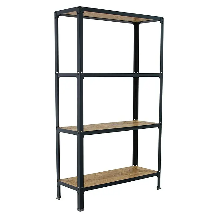 Simonrack Simonhome Metallregal Click Wood Mini - H x B x T: 160 x 80 x 30 cm, Traglast pro Boden: 150 kg, Anzahl Böden: 4 Stk., Stecken, Anthrazit/Braun - Ein Regal mit vier Holzregalen und einem dunklen Metallrahmen für zusätzliche Stabilität und modernes Aussehen.