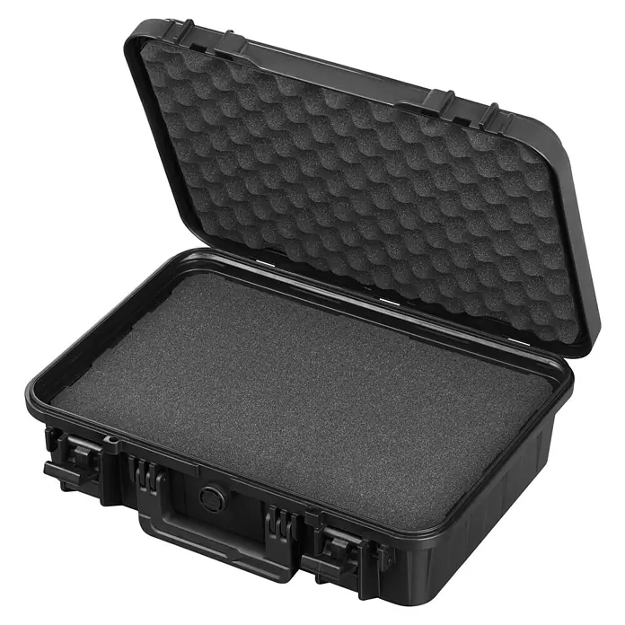 Wasserdichter Koffer EKO60 - L x B x H: 415 x 280 x 125 mm, Mit Würfelschaumstoffeinlage, Grau - Geöffneter schwarzer Hartschalenkoffer mit Schaumstoffeinlage für den sicheren Transport empfindlicher Gegenstände.