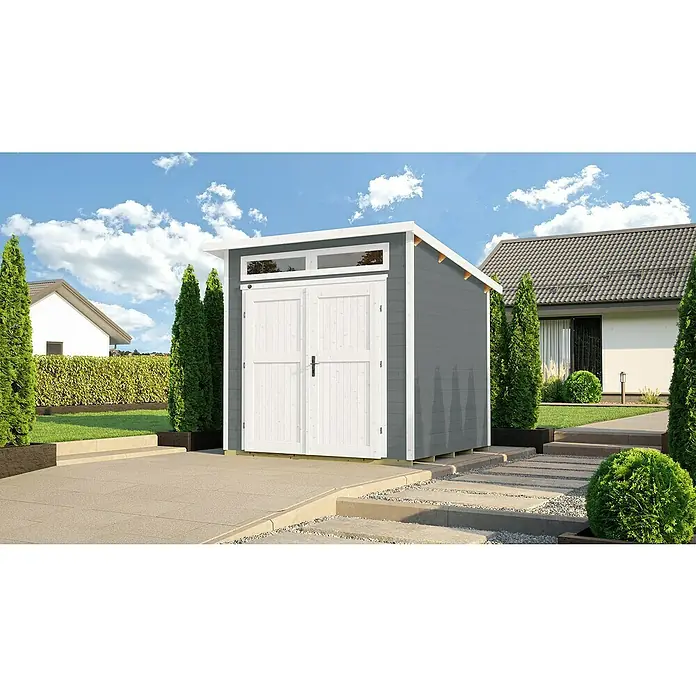 Weka Gartenhaus 264 Gr. 2 - Außenmaß inkl. Dachüberstand (B x T): 263 x 285 cm, Holz, Grau - Ein graues Gartenhaus mit weißen Doppeltüren und Oberlichtern, umgeben von Grünpflanzen.