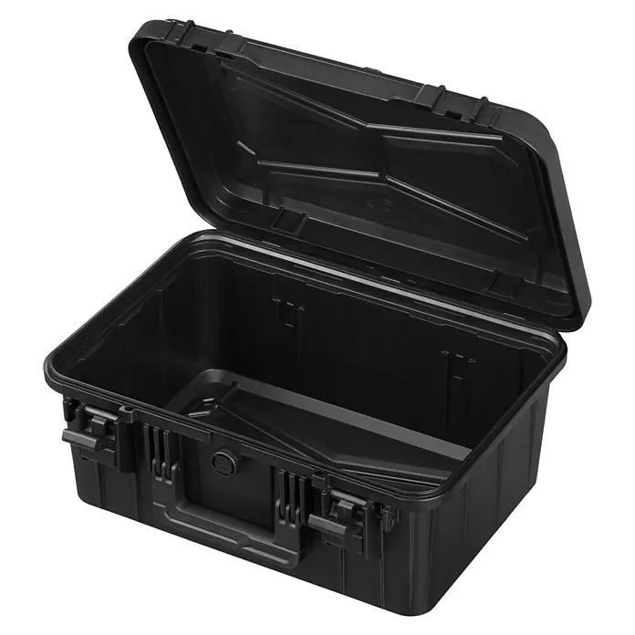 Wasserdichter Koffer EKO60D - L x B x H: 415 x 280 x 190 mm, Ohne Schaumstoffeinlage, Grau - Offener, schwarzer Kunststoffkoffer, ideal zur Aufbewahrung verschiedener Gegenstände. Robust und vielseitig.